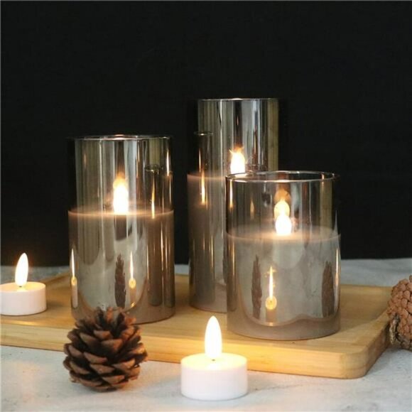 Flameless LED Candles Set of 3 Gray Glass Remote Timer Real Wax Home Decor - Picture 5 of 7